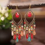 Bohemia Style Colorful Long Beaded Waterdrop Dangle Earring Handmade Beaded Tassel Hollow Earrings Vintage Dangle Earrings Boho
