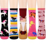 5PAIRS Girls Kids Cute Funny Crazy Horse Pattern Cartoon Cotton Blend Crew Socks Gifts For Girls