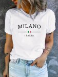 Milano Italy Print T-Shirt Short Sleeve Crew Neck Casual Top For Summer & Spring Women's Clothing