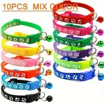 10PCS Adjustable Nylon Pet Collars With Bells - Vibrant Colors Cartoon Paw & Footprint Design For Dogs And Cats