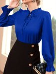 Tie Front Ruffle Trim Blouse Elegant Long Sleeve Solid Blouse Women's Clothing