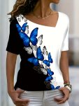 Butterfly Print Irregular Neck T-Shirt Elegant Short Sleeve Top For Spring & Summer Women's Clothing