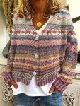 Striped Button Front Knitted Cardigan Vacation Vibes Long Sleeve Cardigan For Spring & Fall Women's Clothing