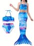 Girls 3-PIECE High Stretch Swimwear Set Allover Fish Scales Pattern Halter Neck Swim Top & Brief & Mermaid Tail Cover Up For Pool Party