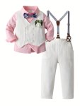 3OCS Boys Formal Gentleman Outfits Long Sleeve Leaves Print Bowtie Shirt & Suspender Pants & Vest Kids Clothing Set For Competit