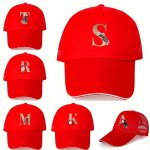 Cool Trendy Bright Red Curved Brim Baseball Cap Golden Initial & Flower Print Breathable Mesh Trucker Hat Snapback Hat For Casua