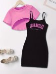 2PCS Girls Crop Short Sleeve T-Shirt + Letter Print Cami Dress Set Vacation Summer Outfit Gift