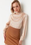 Cowl Collar Regular Pattern Woven Shoulder Detail Satin Blouse -beige