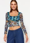 Patterned Fitted Crop Tulle Stretch Knitted Blouse - Blue