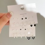 Elegant & Chic 6/12PCS Earring Set - Black Enamel With Clover Heart Bowknot Cross Lightning & Cherry Designs - Faux Pearl Accent