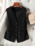 Solid V Neck Sleeveless Vest Elegant Button Front Fake Pocket Vest Women's Clothing