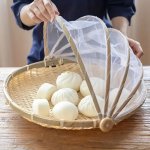 1PC Handmade Bamboo Woven Storage Basket Drying Bamboo Woven Dustproof Bread Fruit Basket With Hole Rural Style For Kitchen Stor