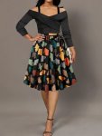Ginkgo Print Cold Shoulder Dress Elegant Long Sleeve Tie Waist A-line Dress For Spring & Fall Women's Clothing