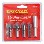Tork Craft Countersink Set 5PC Set Carbon 8 12 16 19MM C w Hex Shank Adaptor