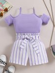 Cami Top & Striped Shorts With Belt Girl's Two-piece Set Summer Daily Casual Going Out Clothes