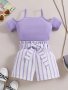 Cami Top & Striped Shorts With Belt Girl's Two-piece Set Summer Daily Casual Going Out Clothes