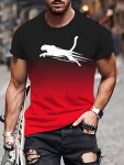 Men's Casual Printed T-Shirt With Gradient Design And Leaping Panther Graphic 100% Polyester Crew Neck With Slight Stretch Regul