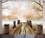 Ambesonne Autumn Curtains Old Wooden Jetty On A Lake With Fallen Leaves And Foggy Forest In Distance Living Room Bedroom Window