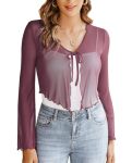 Avidlove Womens Sheer Shrug Tie Front Long Bell Sleeve Mesh Bolero Lightweight Summer Casual Short Shawl Top Purple Red Medium