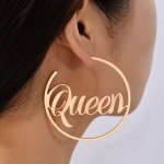 Large Hoop Earrings For Women With "queen" Script French Style Sweet & Simple Fashionable Exaggerated Geometry Lettering Jewelry