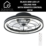 Black 38W LED Lit Ceiling Fan With Remote Control - 48CM