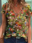 Allover Print V Neck T-Shirt Casual Short Sleeve Top For Spring & Summer Women's Clothing