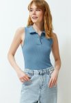 Buttoned Polo Neck Sleeveless Knitted Blouse - Indigo