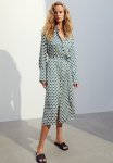 Tie-belt Shirt Dress - Green patterned