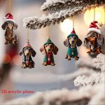 5 Pcs Festive Christmas Tree Ornament: Cute Dachshund Dogs In Santa Hats 2D Acrylic Flat Christmas Gift No Feather Classic Style