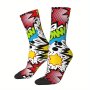 Pop Art Cartoon Compression Athletic Tube Socks - 1 Pair Polyester & Spandex Knit Fabric Men's Funny Crazy Comic Book Pattern Crew Socks Hip