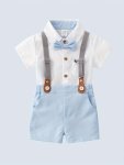Baby Boy Gentleman Style Fashion Two-piece Set Lapel Button Up Short Sleeve Shirt With Cute Bow & Suspender Shorts Set