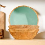 Acacia Wood Salad Bowl With Enamel - Ocean