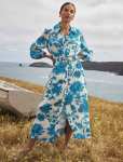 Janie Printed Shirt Midi Dress - 18 Large Blue Leila Chintz
