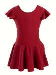 Girls High Stretch & Fit Solid Colored Ruffle Sleeve Strapped Back Skirted Leotard For Ballet Dance