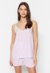 Striped Rope Strap Viscose Woven Pajama Set - Lilac