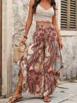 Paisley Print Wide Leg Pants Elegant Vacation Style Elastic Waist Loose Asymmetrical Hem Wide Leg Pants For Spring & Summer Wome