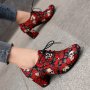 Women's Skull & Rose Pattern Chunky Heels Fashion Lace Up Outdoor Pumps Halloween Round Toe Heels