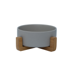 Raised Ceramic Bowl With Bamboo Stand - Grey - Pet Bowl - Medium