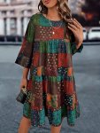 Plus Size Paisley & Patchwork Print Tiered Dress Boho 3 4 Sleeve Crew Neck Dress For Spring & Summer Women's Plus Size Clothing