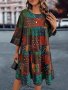 Plus Size Paisley & Patchwork Print Tiered Dress Boho 3/4 Sleeve Crew Neck Dress For Spring & Summer Women's Plus Size Clothing