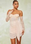 Nude Lace Underwired Bardot Drape Bodycon Dress - Neutral
