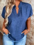 Solid Color Notch Neck Blouse Casual Short Batwing Sleeve Top For Spring & Summer Women's Clothing