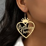 Hollow Golden Heart Birthday Queen Design Dangle Earrings Elegant Simple Style Iron Jewelry Birthday Gift For Friends