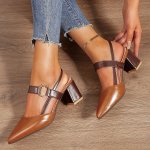 Women's Pointed Toe Block High Heel Sandals Fashion Solid Color Slingback Shoes Versatile Mid Heels