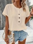 Solid Color Henley Neck T-Shirt Casual Short Sleeve T-Shirt For Spring & Summer Women's Clothing