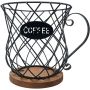 Metal Coffee Pod Holder Mug - Large Wire Basket With Wooden Base For Counte