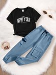 New York Print Girl's 2PCS Short-sleeve T-Shirt Top & Cargo Pants Set Casual Two-piece Summer Clothes