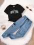 NEW YORK Print Girl's 2pcs Short-Sleeve T-Shirt Top & Cargo Pants Set Casual Two-piece Summer Clothes