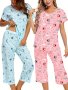 2 Sets Women's Casual Allover Print Pajama Set Short Sleeve Round Neck Top & Capri Pants Comfortable Relaxed Fit