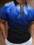 Men's Trendy Geometric Pattern Print Short Sleeve Zip Up Lapel Shirt For Summer Daily Stylish Zipper Collar Design T-Shirt